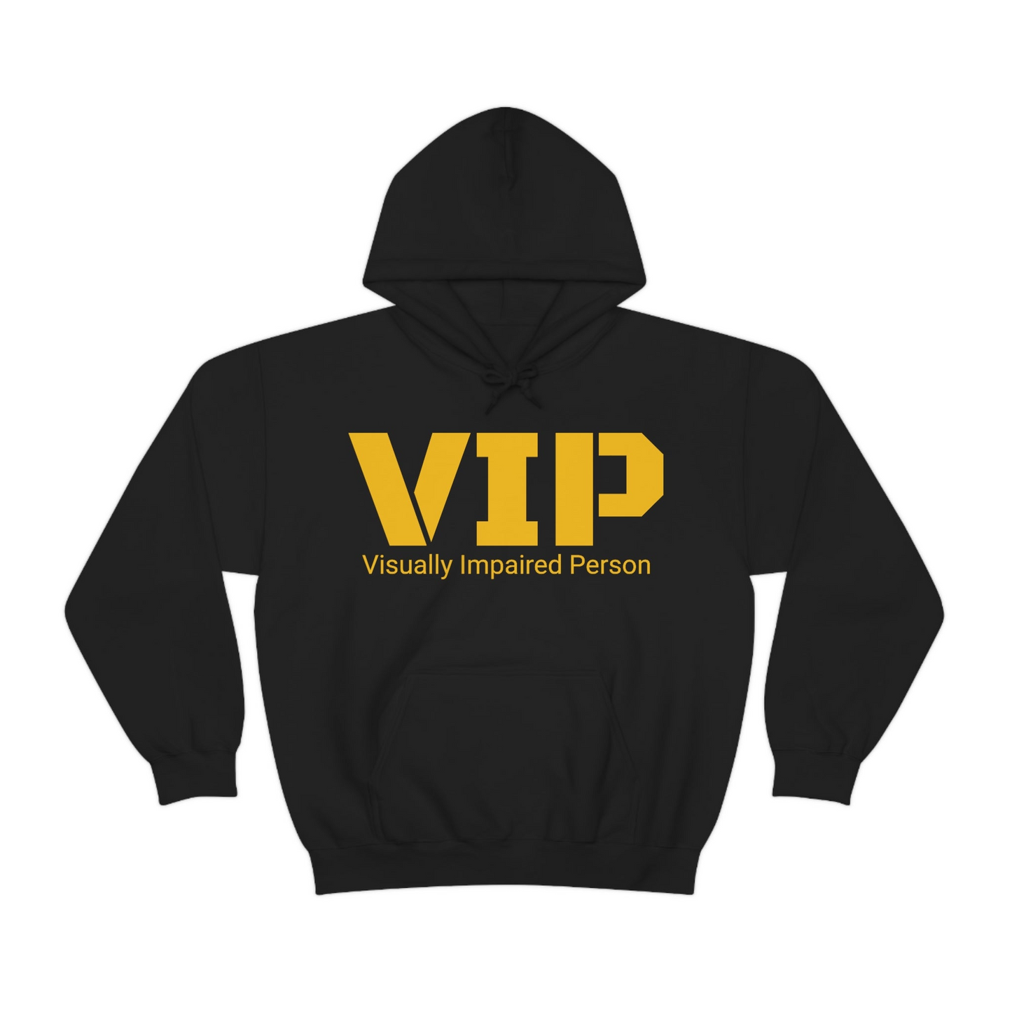 Black hoodie VIP Visually Impaired Person bold yellow letters