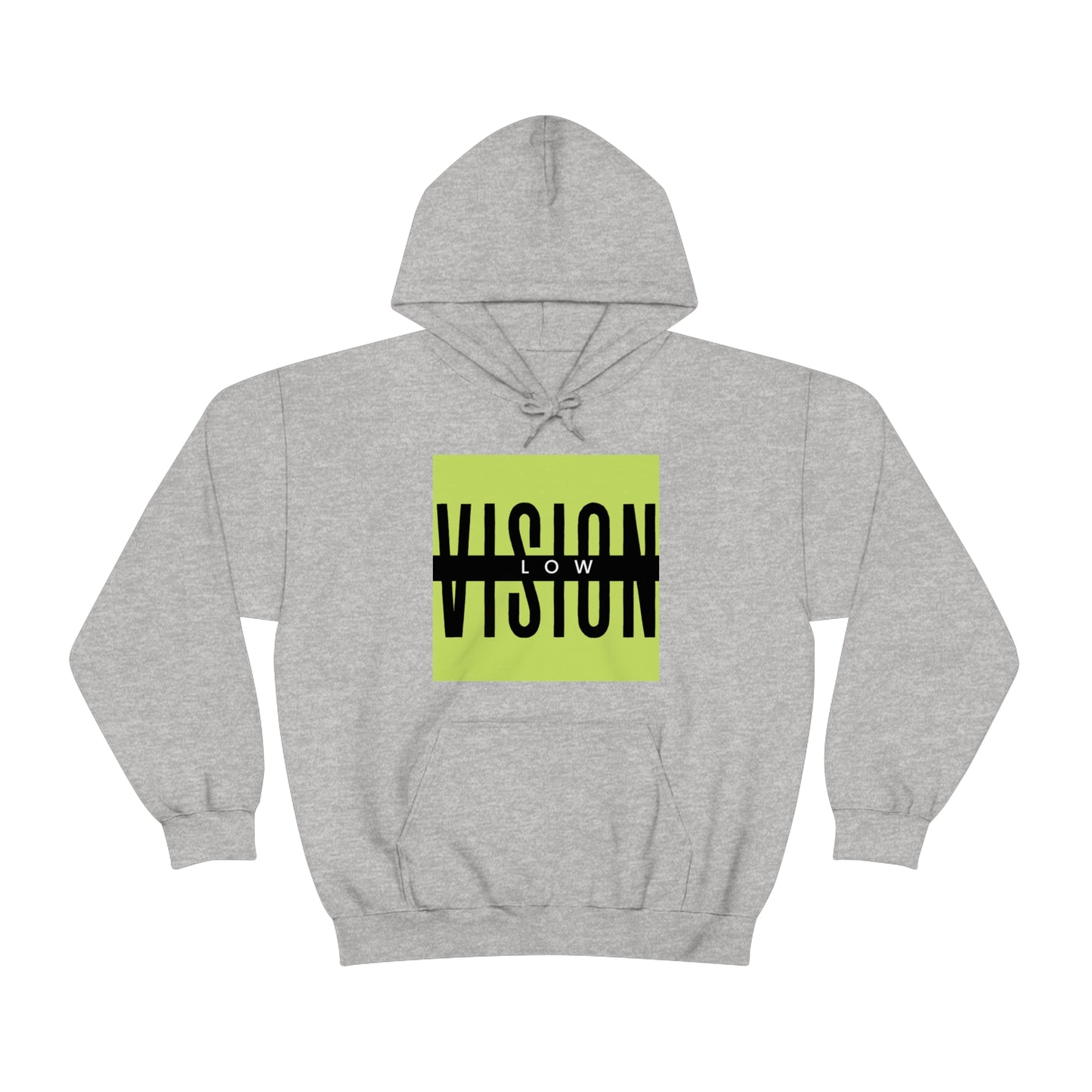 Light grey hoodie low vision The design has lime green background Low white letters vision big black letters