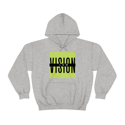 Light grey hoodie low vision The design has lime green background Low white letters vision big black letters
