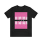 Black T-shirt low vision The design has pink background with white letters