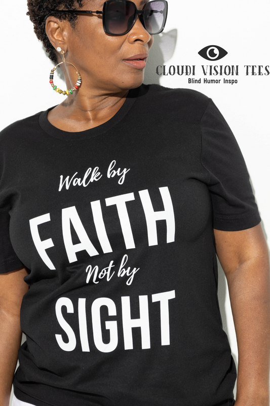 Model is wearing black t shirt Walk by faith not by sight white t shirt black letters