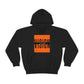 Black hoodie low vision The design has bright orange background Low white letters vision big black letters