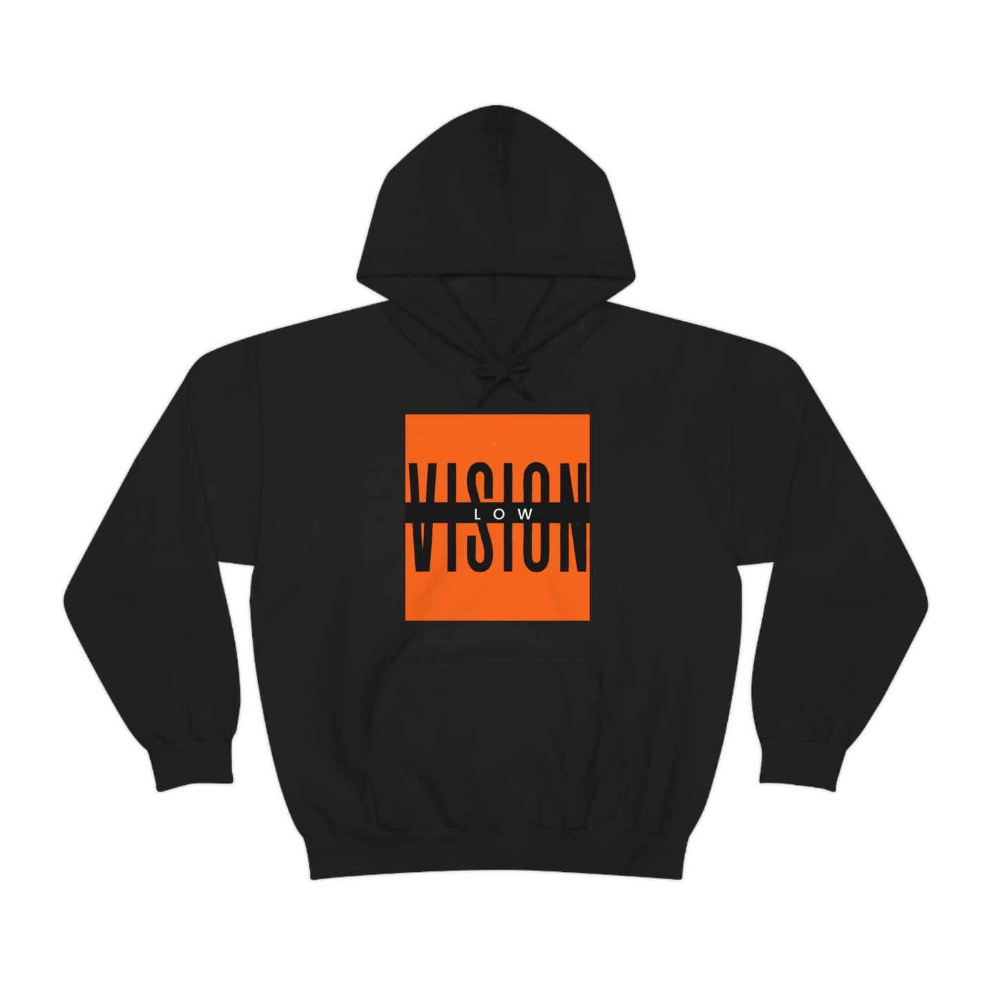 Black hoodie low vision The design has bright orange background Low white letters vision big black letters