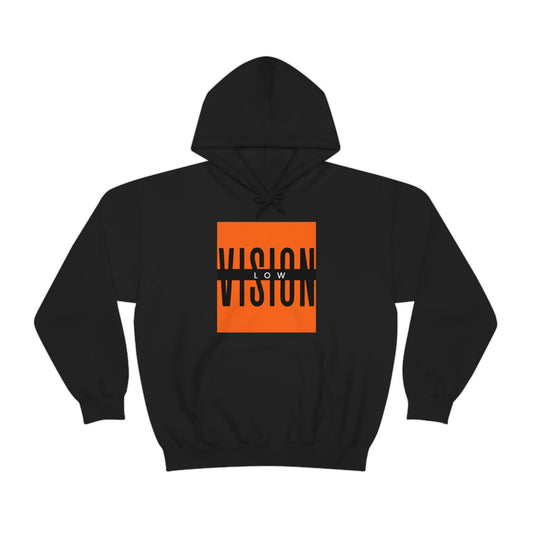 Black hoodie low vision The design has bright orange background Low white letters vision big black letters