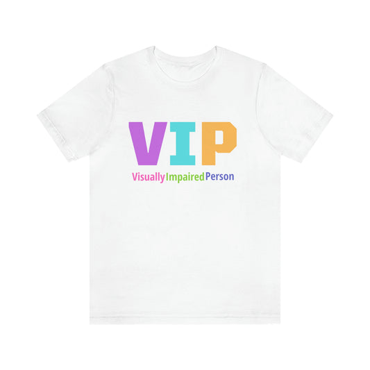 White tshirt VIP Visually Impaired Person multi color (easter colors) light purple light blue light peach and light green